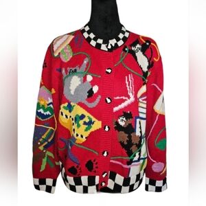 Vintage Jack B. Quick Kittens At Play Novelty Red Cardigan Sweater Size S